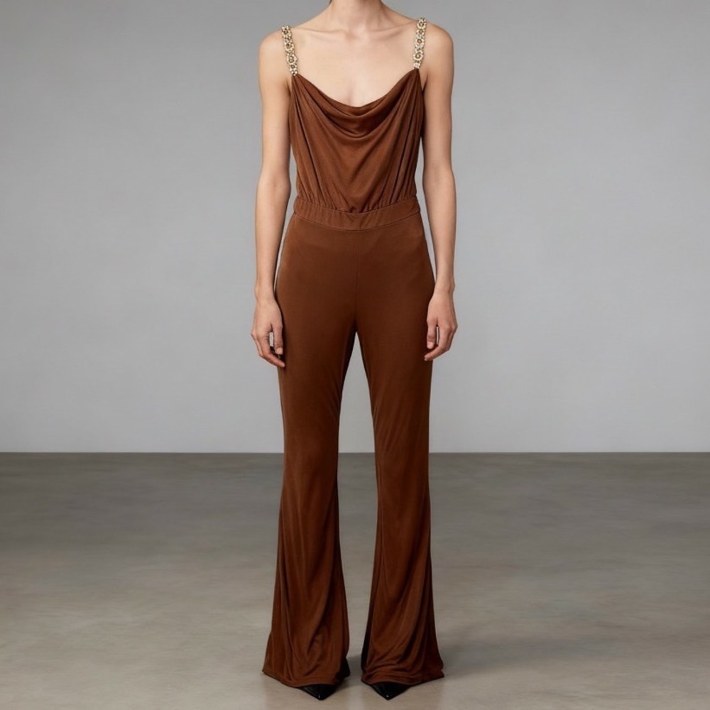 Jason Wu Emmett Cowl Neck Jumpsuit Jersey Knit Retro Disco Jewel Strap Large